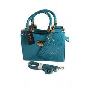 Bebe Dana Monogram Top Handle Crossbody Capri Blue-Card Holder & Gold Hardware